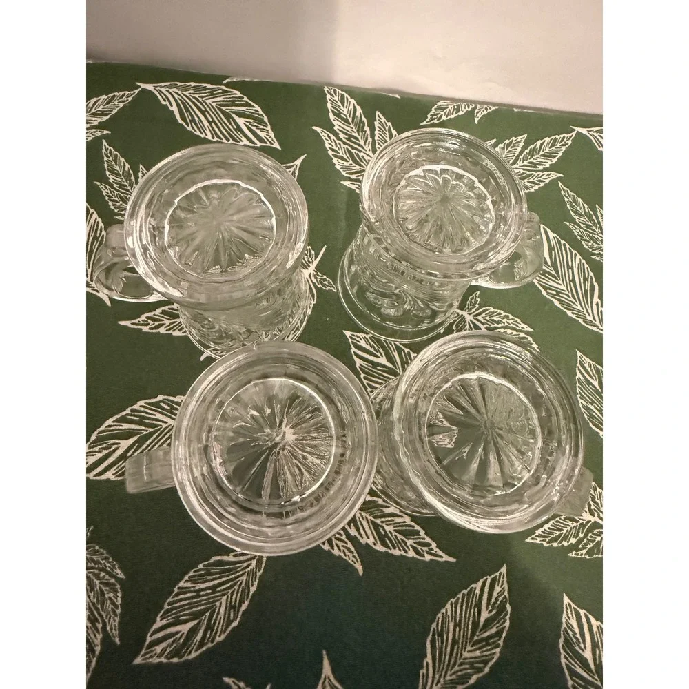 Vintage Clear Pressed Glass Shot Mugs Set of 4 Scroll Leaf Pattern Mini Tankards